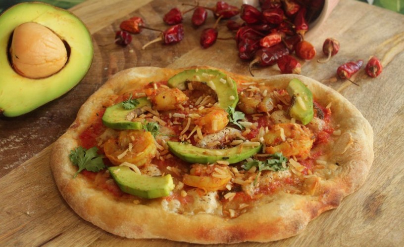 Avocado, Coconut & Goan-style Prawns Pizza